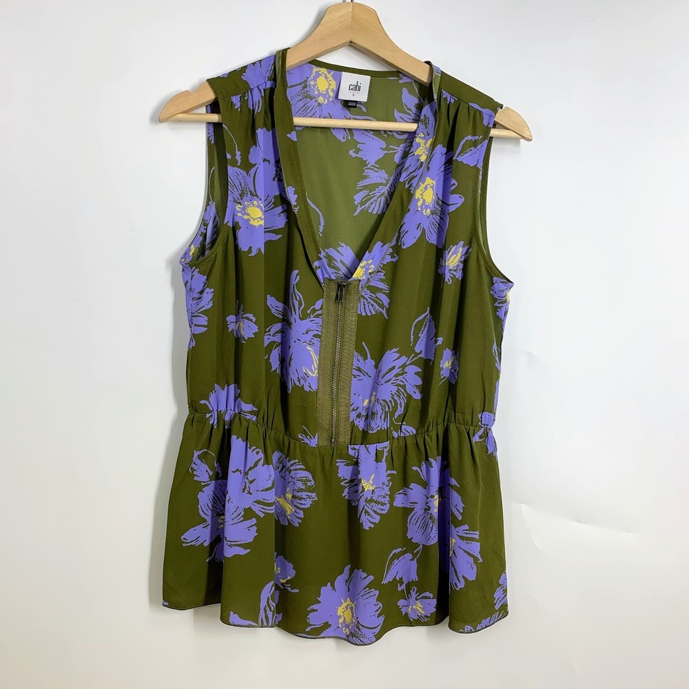Cabi Olive Green Floral Zipper Peplum Top Women's Size Small Sleeveless